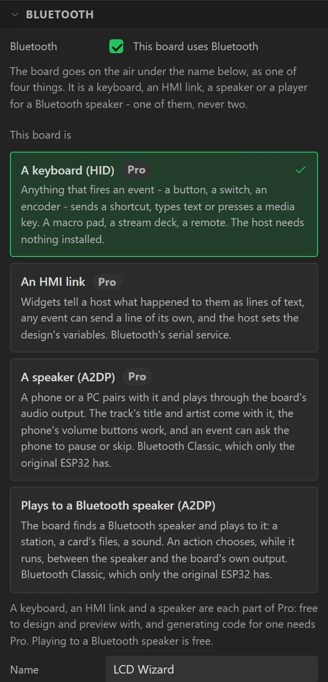 Hardware, Bluetooth: This board uses Bluetooth ticked, and This board is A keyboard (HID) chosen out of four roles.