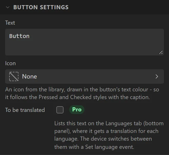 The Button settings section: Text Button, Icon None, and the To be translated tick box.