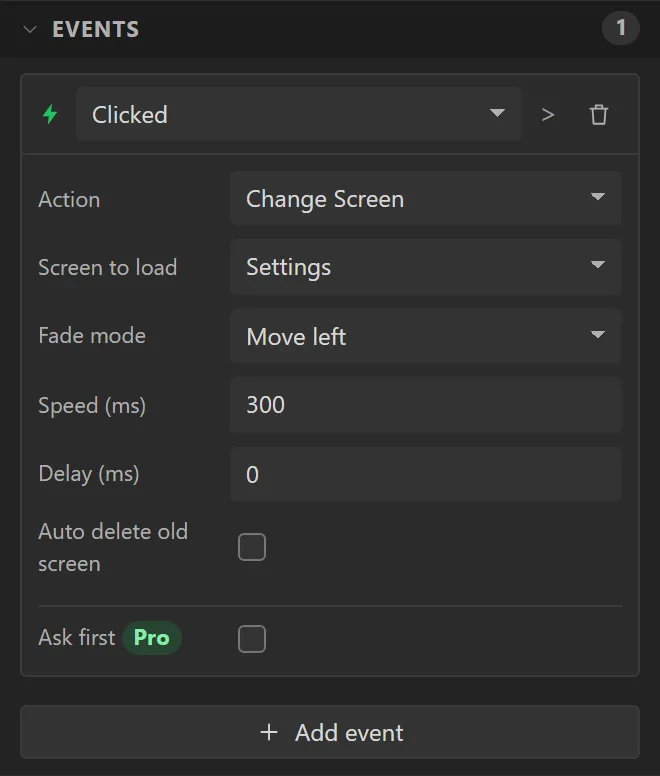 The Events section: Clicked, Change Screen, Screen to load Settings, Fade mode Move left, Speed 300 ms.