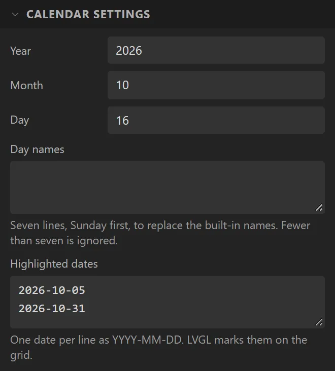 The Calendar settings section: Year 2026, Month 10, Day 16, Day names empty, Highlighted dates 2026-10-05 and 2026-10-31.