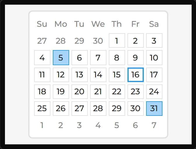 A calendar for October 2026, weeks from Sunday, with the 16th ringed in blue and the 5th and 31st tinted blue.