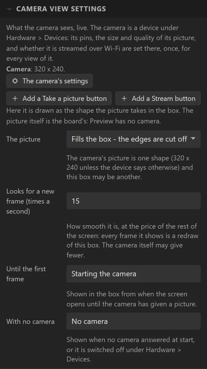 Camera view settings: a note about the camera device, The camera's settings, Add a Take a picture button, Add a Stream button, The picture, Looks for a new frame, Until the first frame, With no camera.