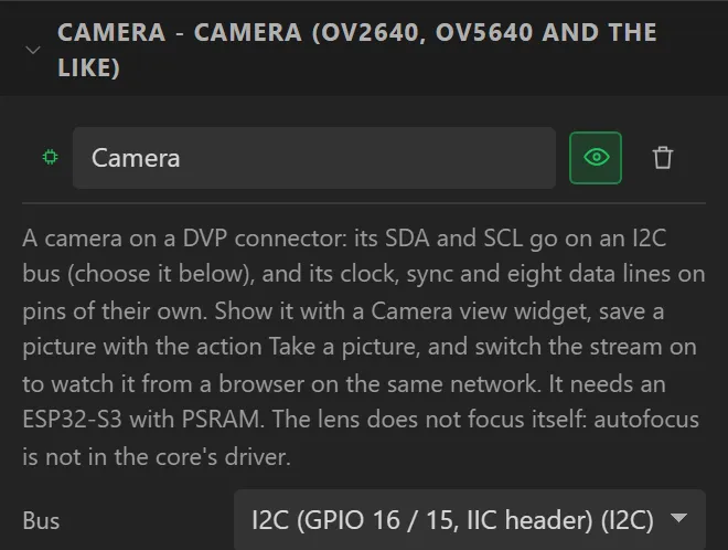 Hardware, Devices, the Camera card: what it is, and its Bus set to the board's I2C bus.