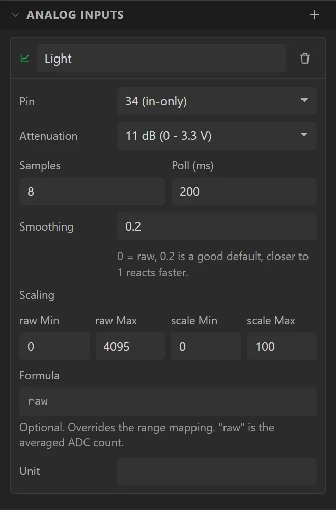 Hardware, I/O, Analog inputs: an input called Light on pin 34 (in-only), attenuation 11 dB, scaling raw 0 to 4095 into 0 to 100.