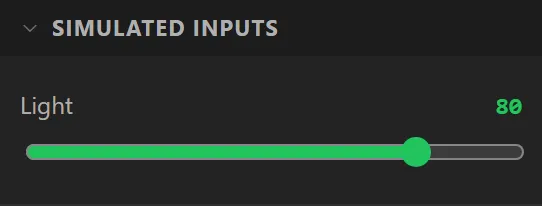 The preview drawer's Simulated inputs section with a slider for Light at 80.