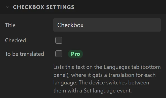 The Checkbox settings section: Title Checkbox, Checked unticked, To be translated.