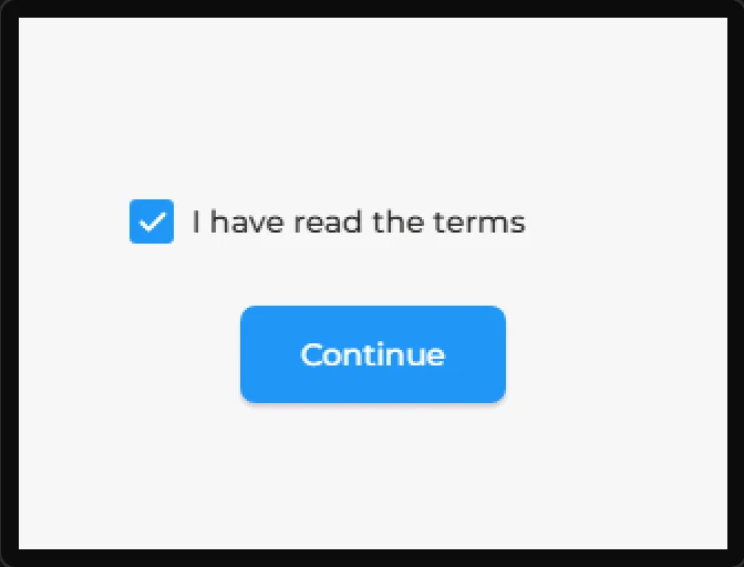Preview: the checkbox ticked and the Continue button blue.
