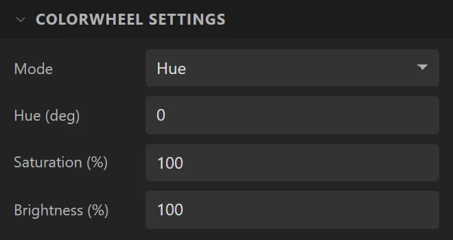 The Colorwheel settings section: Mode Hue, Hue 0, Saturation 100, Brightness 100.