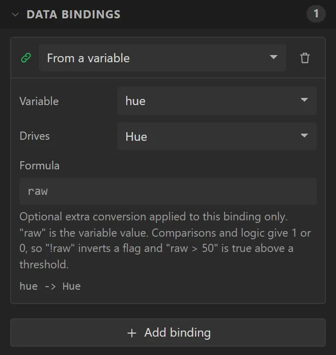 The colorwheel's Data bindings: Variable hue, Drives Hue, Direction Widget -> variable.