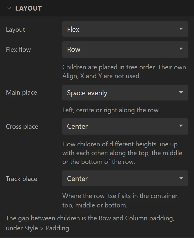The Layout section of the Inspector: Layout Flex, Flex flow Row, Main place Space evenly, Cross place Center, Track place Center.