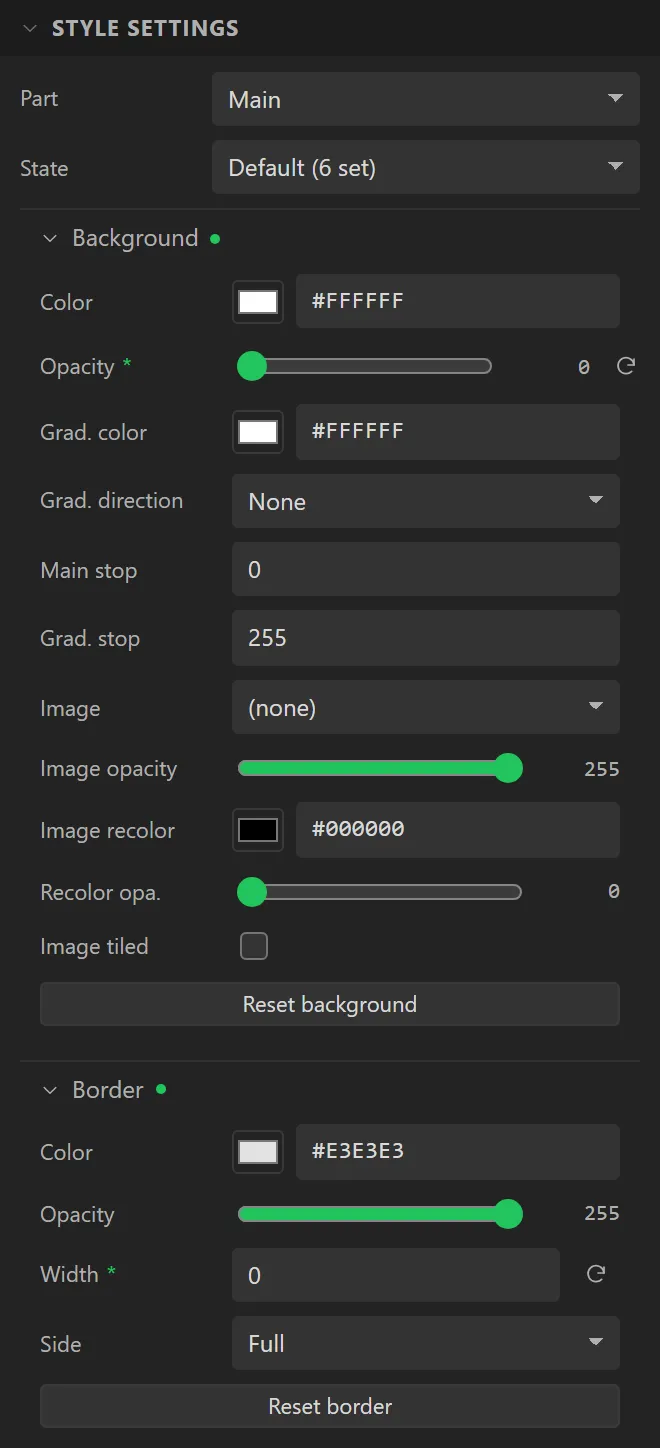 Style settings for the container's Main part: Background Opacity 0 and Border Width 0, as it was dropped.