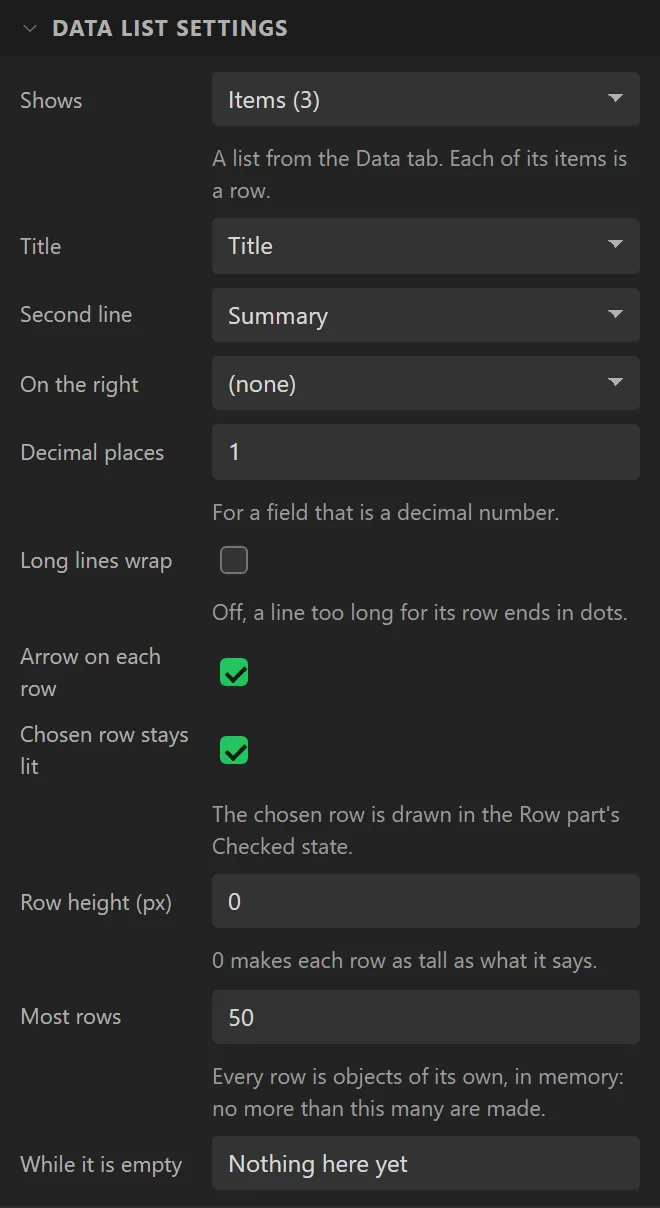 Data list settings: Shows Items (3), Title Title, Second line Summary, On the right none, Decimal places, Long lines wrap, Arrow on each row, Chosen row stays lit, Row height 0, Most rows 50, While it is empty.