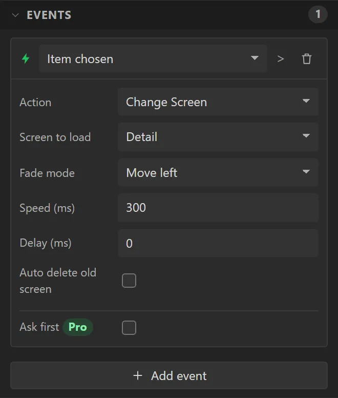 The list's Events: Item chosen, Change Screen, Screen to load Detail, Fade mode Move left, Speed 300 ms.