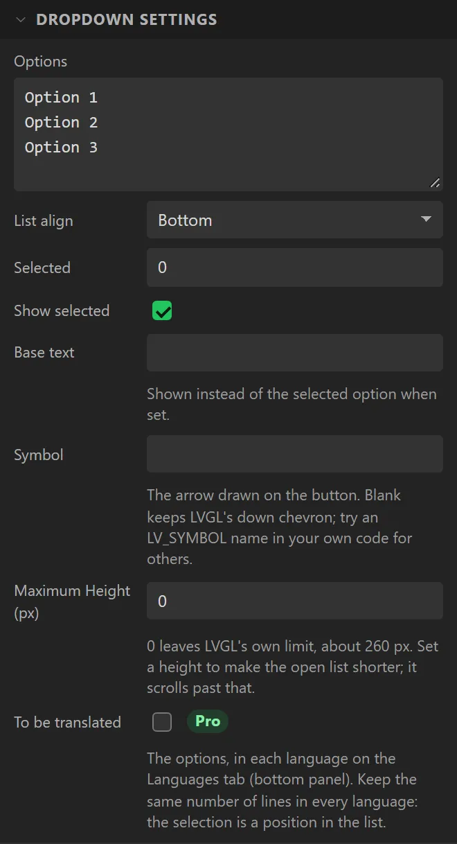 The Dropdown settings section: Options, List align, Selected, Show selected, Base text, Symbol, Maximum Height and To be translated.