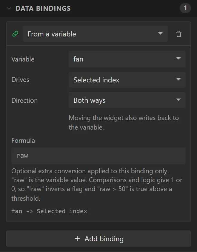 The dropdown's Data bindings: Variable fan, Drives Selected, Direction Both ways.