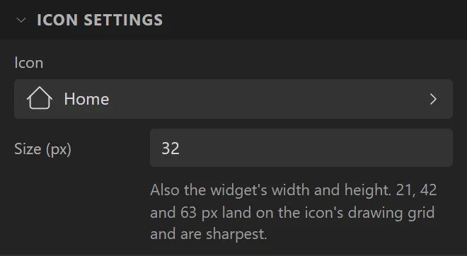 The Icon settings section: Icon Home, Size 32 px.
