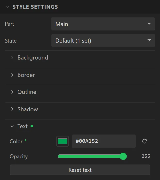 Style settings, Text group open: Color #00A152 marked as changed, and Opacity.