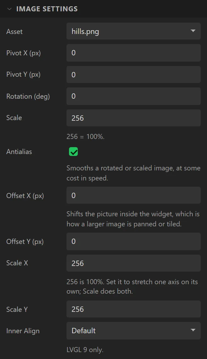 The Image settings section with Asset set to hills.png, and Pivot, Rotation, Scale, Antialias, Offset, Scale X and Y and Inner Align.