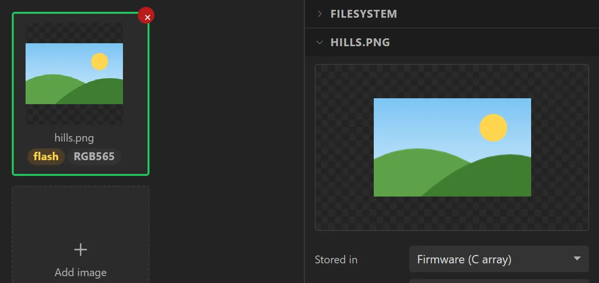 The Assets tab: a tile for hills.png marked flash and RGB565, an Add image tile, and beside them the picture large with Stored in set to Firmware (C array).