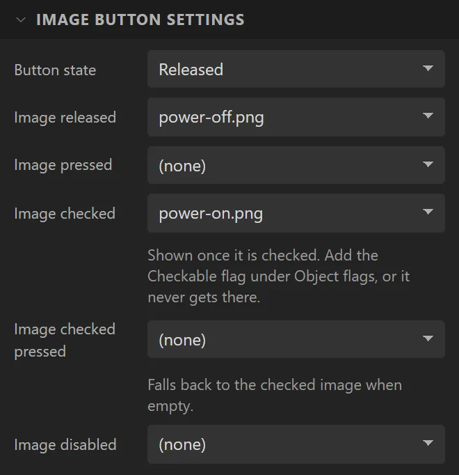 The Image Button settings section: Button state Released, Image released power-off.png, Image pressed none, Image checked power-on.png, Image checked pressed and Image disabled none.