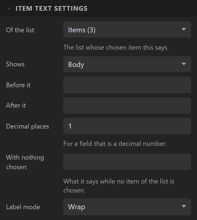Item text settings: Of the list Items (3), Shows Body, Before it, After it, Decimal places, With nothing chosen, Label mode Wrap.