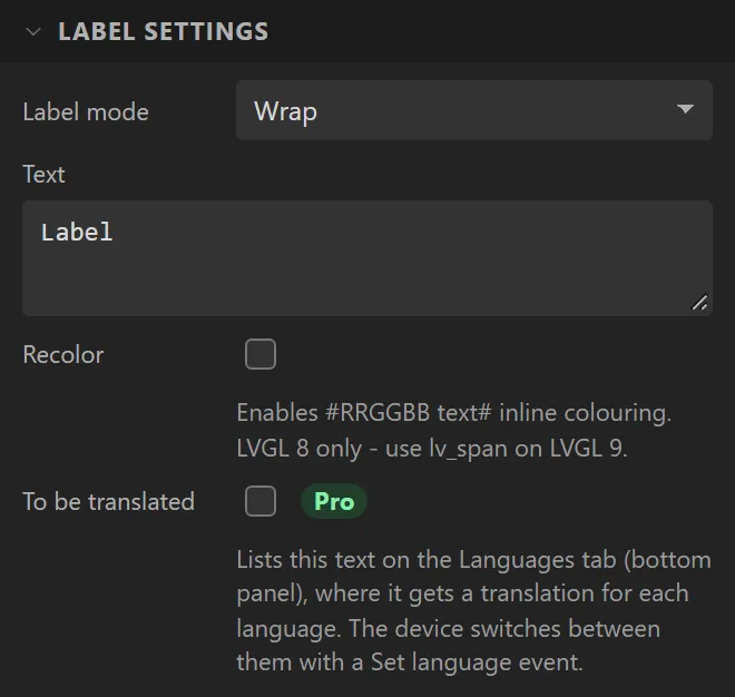 The Label settings section: Label mode Wrap, Text Label, Recolor and To be translated tick boxes.