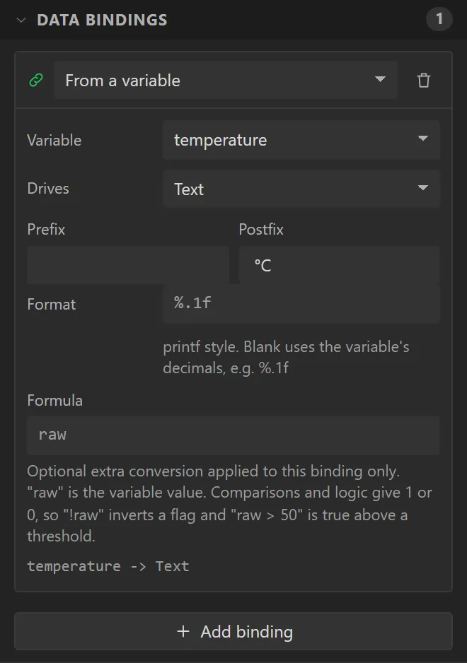 The Data bindings section: From a variable, Variable temperature, Drives Text, Postfix °C.