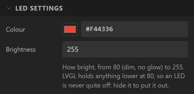 The LED settings section: Colour #F44336, Brightness 255.