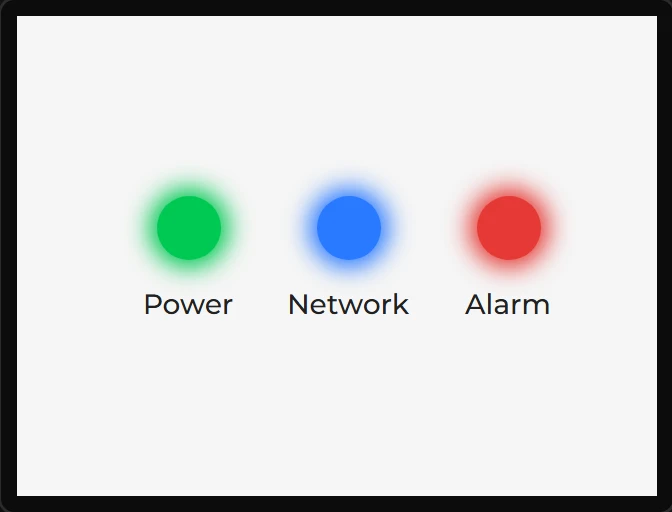 Three glowing lamps in a row, green, blue and red, labelled Power, Network and Alarm.