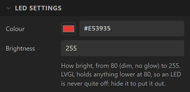 The LED settings of the alarm lamp: Colour #E53935, Brightness 255.