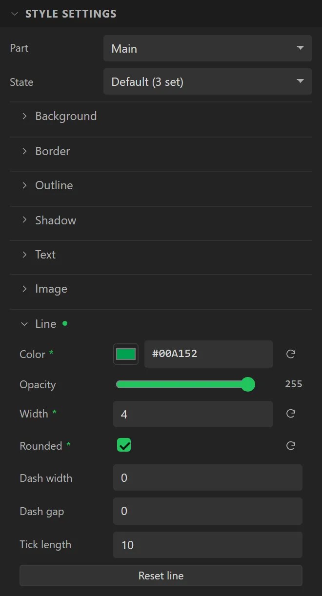 Style settings with the Line group open: Color #00A152, Width 4 and Rounded ticked, each marked as changed.