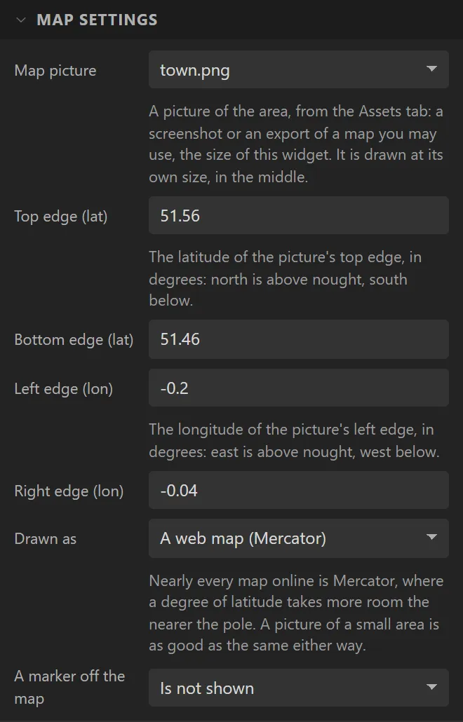 Map settings: Map picture town.png, Top edge 51.56, Bottom edge 51.46, Left edge -0.2, Right edge -0.04, Drawn as A web map (Mercator), A marker off the map Is not shown.