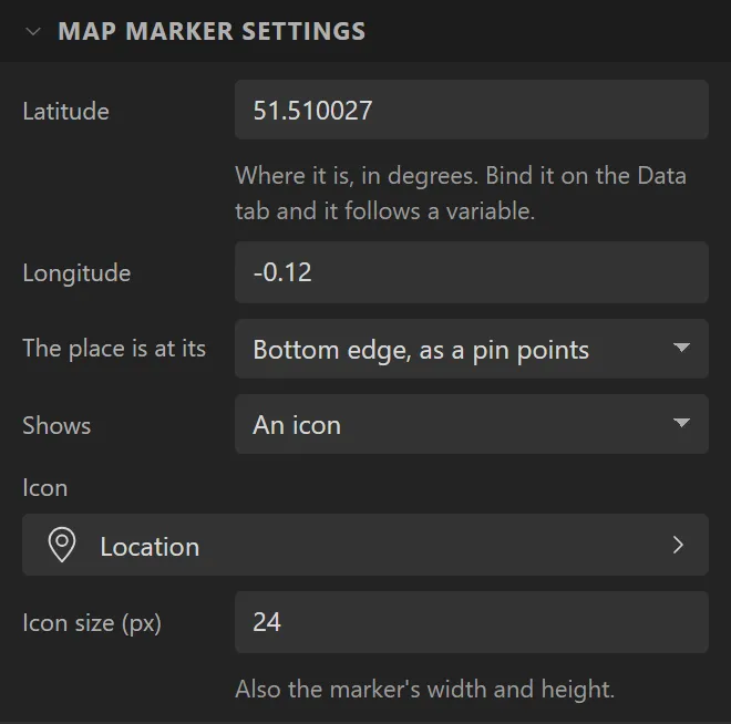 Map marker settings: Latitude 51.510027, Longitude -0.12, The place is at its Bottom edge, as a pin points, Shows An icon, Icon Location, Icon size 24.