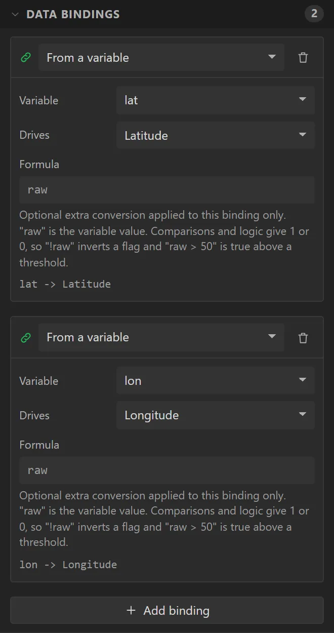 The marker's Data bindings: lat drives Latitude, lon drives Longitude.