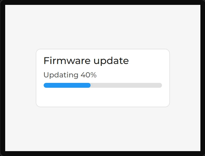 A dropped Firmware update card: Firmware update, Updating 40% and a bar two fifths full.
