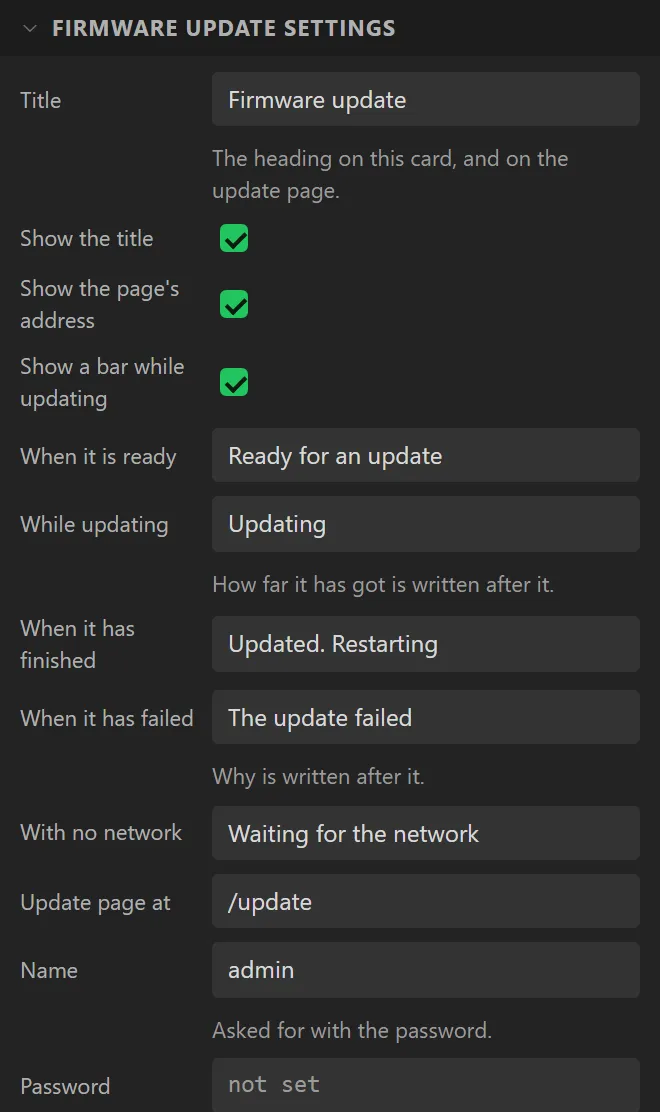 The first of the Firmware update settings: the title, the words for each state, With no network, Update page at /update, Name admin, Password not set.