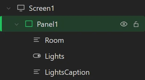 The Hierarchy: Screen1, under it Panel1, and under Panel1 the widgets Room, Lights and LightsCaption.