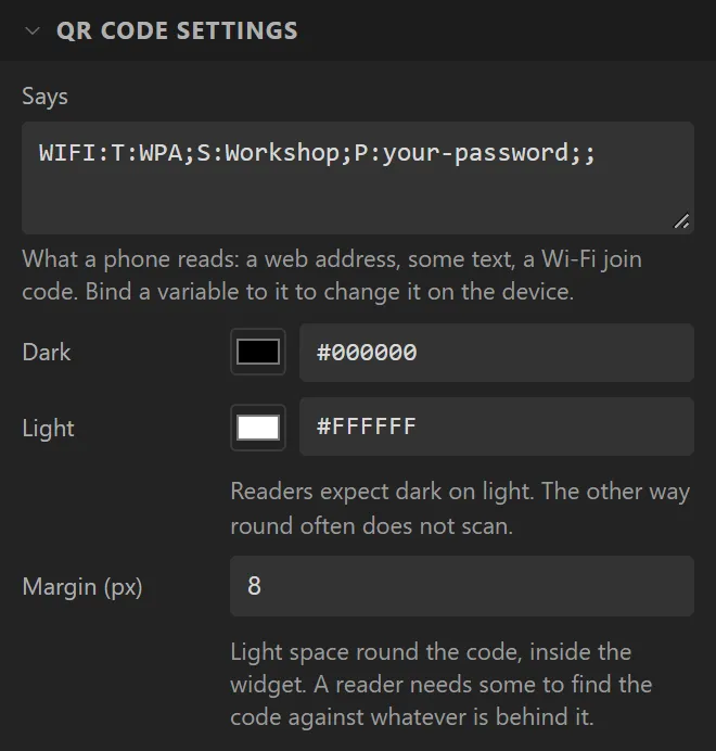 QR code settings: Says WIFI:T:WPA;S:Workshop;P:your-password;;, Dark #000000, Light #FFFFFF, Margin 8 px.