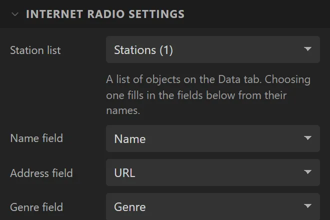 Internet Radio settings: Station list Stations (1), Name field Name, Address field URL, Genre field Genre.