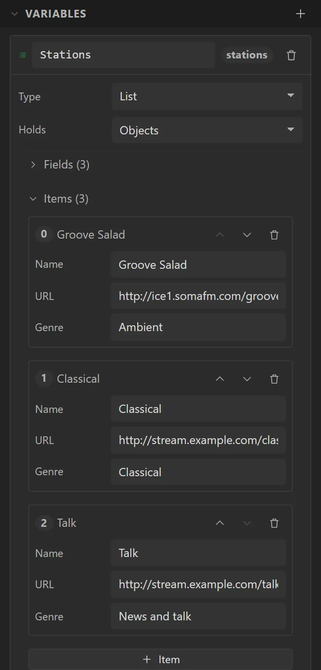 The Stations list on the Data tab: Type List, Holds Objects, three items each with a Name, a URL and a Genre, and a + Item button.