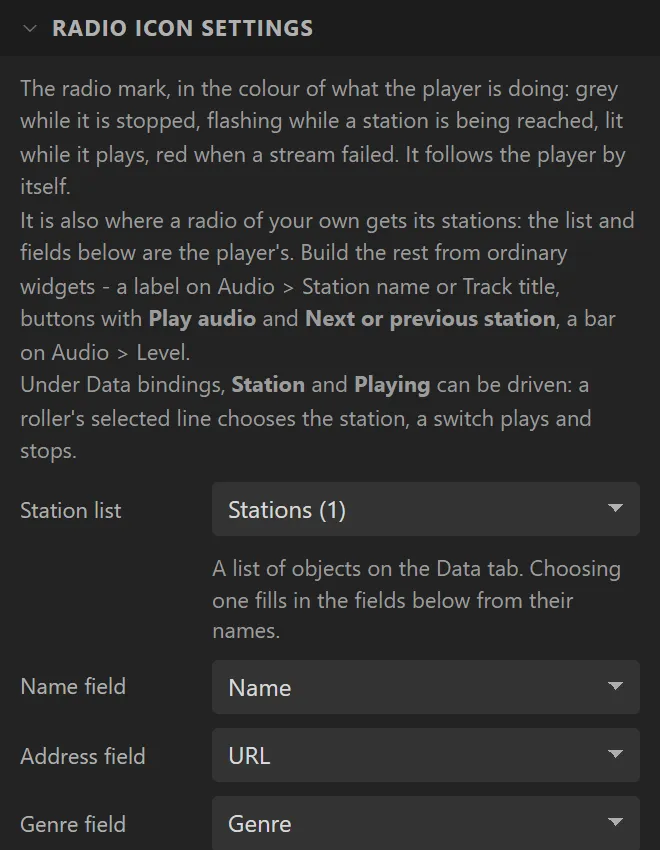 Radio icon settings: Station list Stations (1), Name field Name, Address field URL, Genre field Genre.