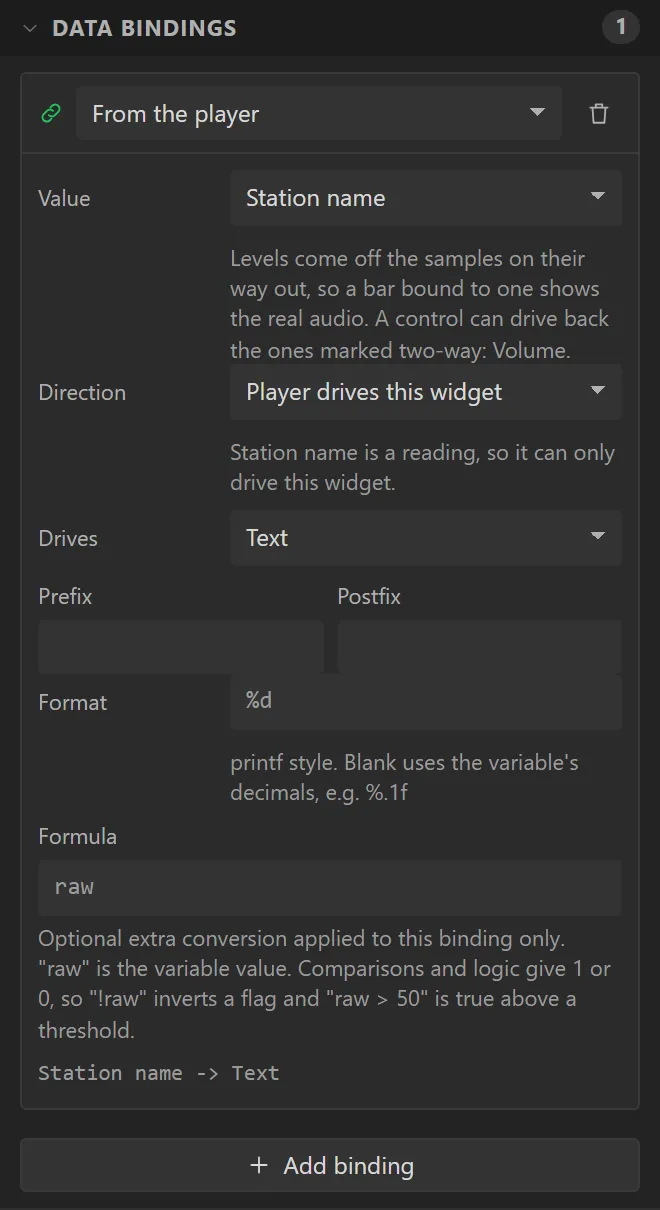 The label's Data bindings: From the player, Value Station name, Direction Player drives this widget, Drives Text.