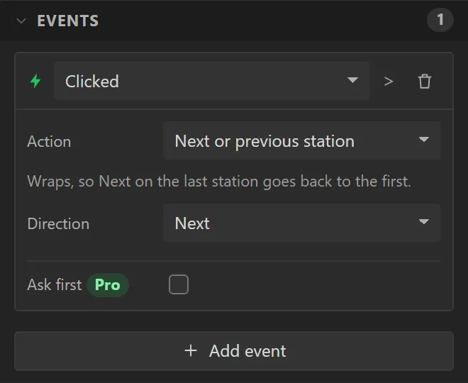 The button's Events: Clicked, Next or previous station, Direction Next.