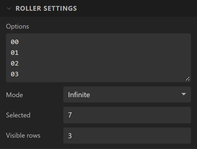 The Roller settings section with Options 00 to 23, Mode Infinite, Selected 7, Visible rows 3.