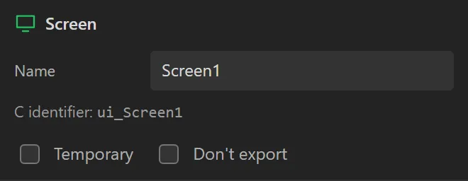 The head of the Inspector with the screen selected: its Name, Screen1, its C identifier, and the Temporary and Don't export tick boxes.
