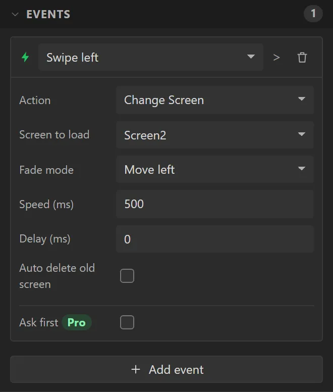 The Events section of the screen: Swipe left, Change Screen, Screen to load Screen2, Fade mode Move left, Speed 500 ms.