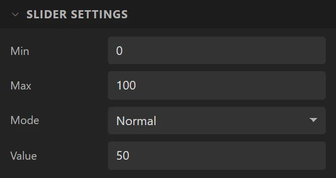 The Slider settings section: Min 0, Max 100, Mode Normal, Value 50.