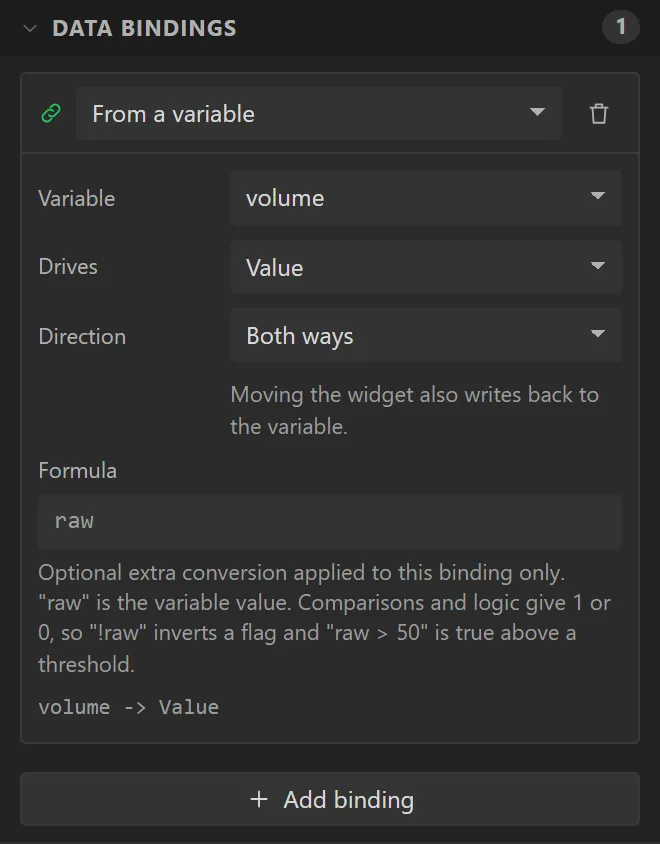 The slider's Data bindings section: From a variable, Variable volume, Drives Value, Direction Both ways.