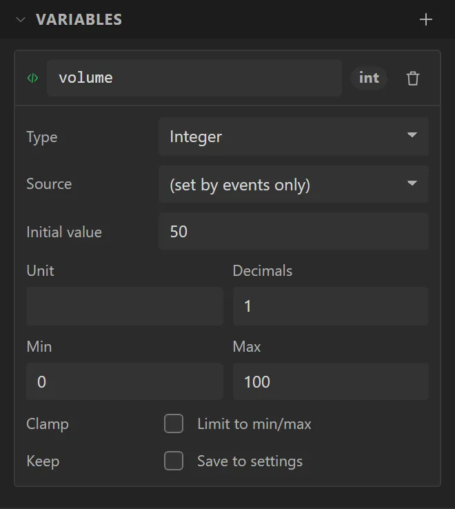 The Data tab's Variables section with the variable volume: Type Integer, Source (set by events only), Initial value 50, Min 0, Max 100.