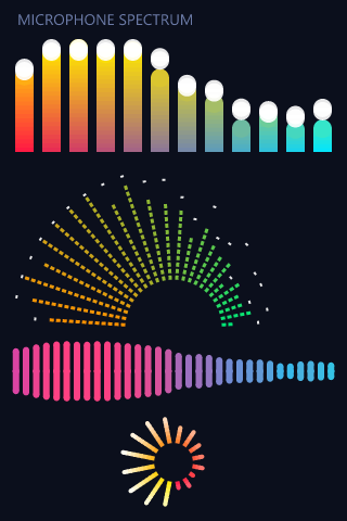 Four Spectrum analysers on one screen: 12 bars in a row from red to cyan, a half circle of orange to green steps, a line of violet to cyan bars growing both ways, and a small yellow to red ring.